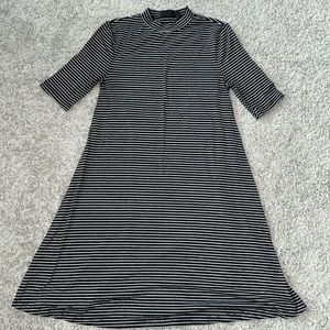 Black and white striped shift dress, short sleeve with a mini mock turtleneck